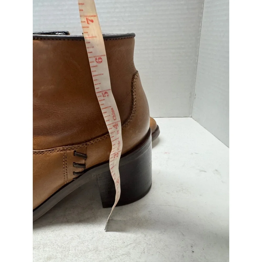 Bosi Tan Brown Leather Ankle Boots Stacked Block Heel Western Booties 38 7.5